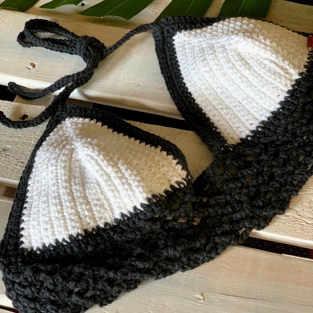 Boho-Chic Blue Border + White Crochet Bikini Top